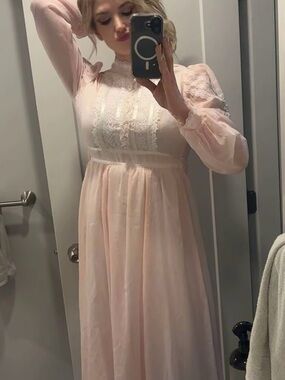 Gunne Sax Vintage Pink Lace High-Neck Dress